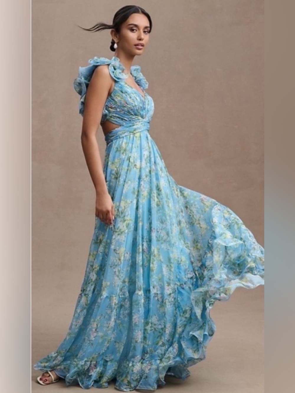 NWT Mac Duggal 67803 Ruffle Tiered Floral Cut Out Chiffon Gown Anthropologie